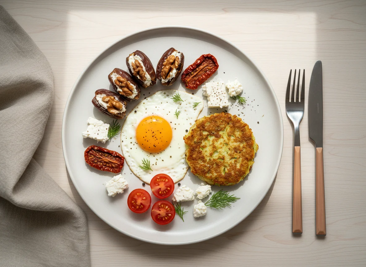 Завтрак с яичницей, кабачковым оладьем и финиками photo