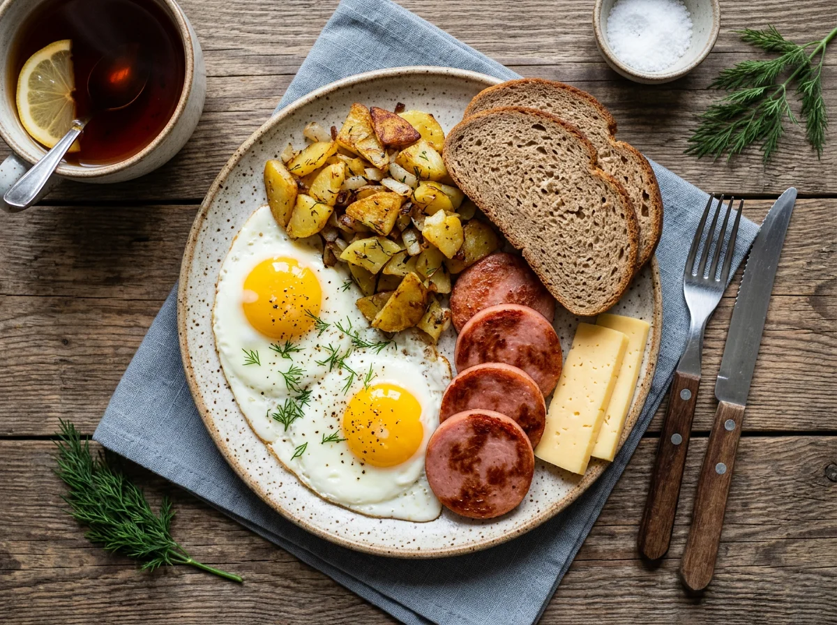 Завтрак с яичницей, картофелем и колбасой photo