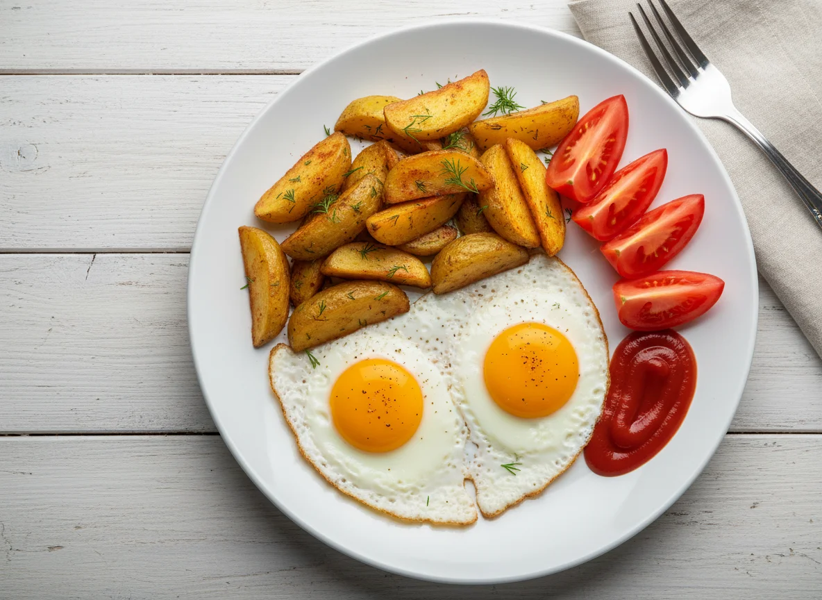 Завтрак с яичницей, картофелем и помидорами photo