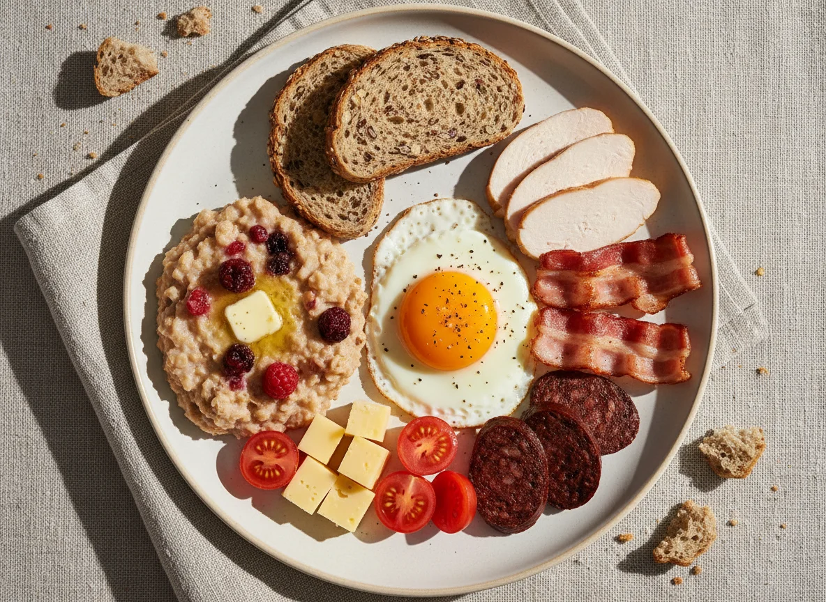 Завтрак с яичницей, кашей и мясными деликатесами photo