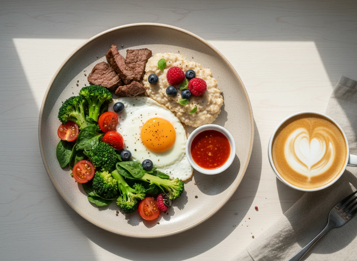 Завтрак с яичницей, кашей и овощами photo