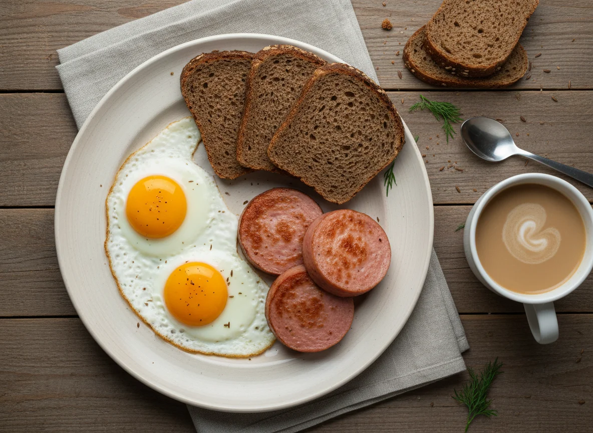Завтрак с яичницей, колбасой, хлебом и кофе photo