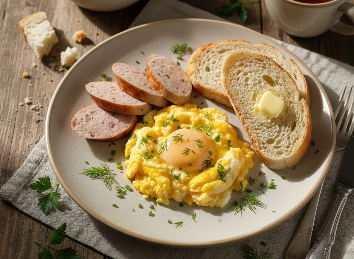 Завтрак с яичницей, колбасой и хлебом photo