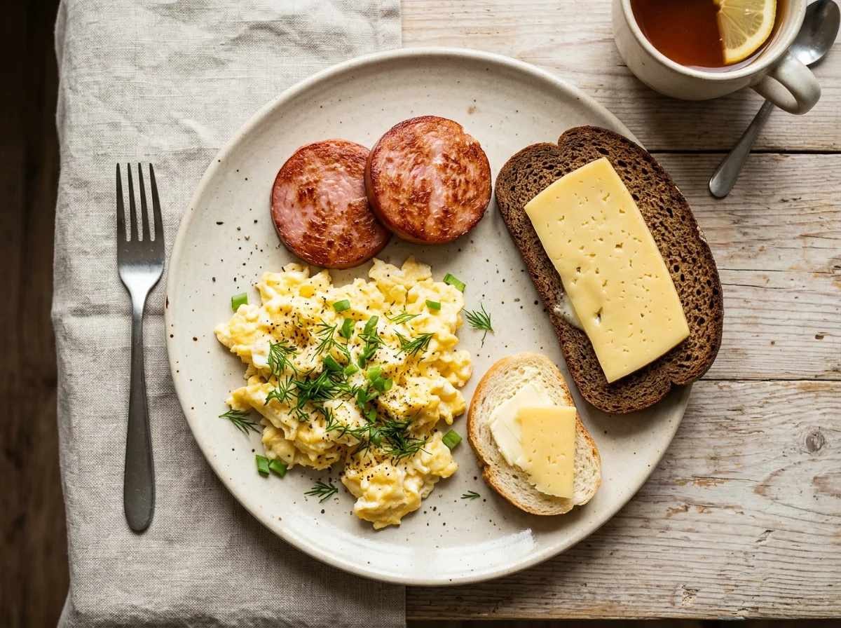 Завтрак с яичницей, колбасой и хлебом с сыром photo