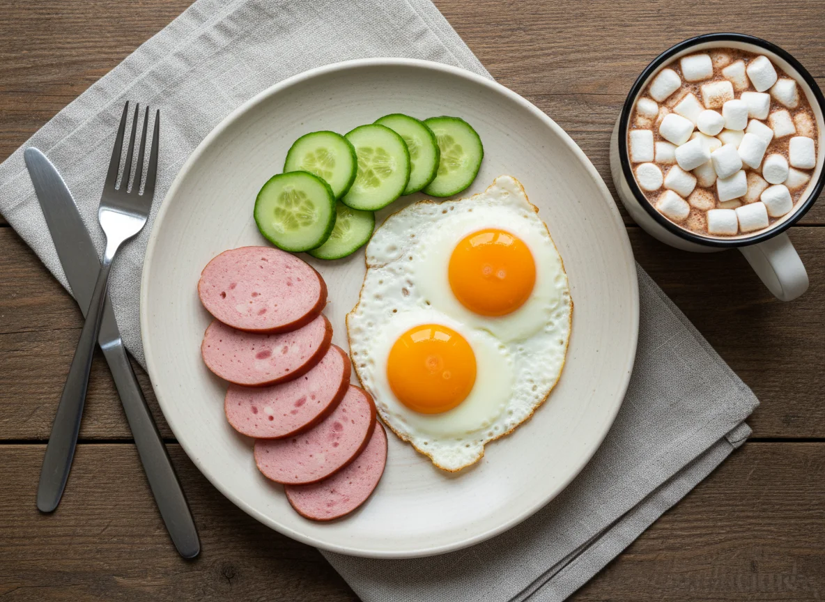 Завтрак с яичницей, колбасой и огурцами photo