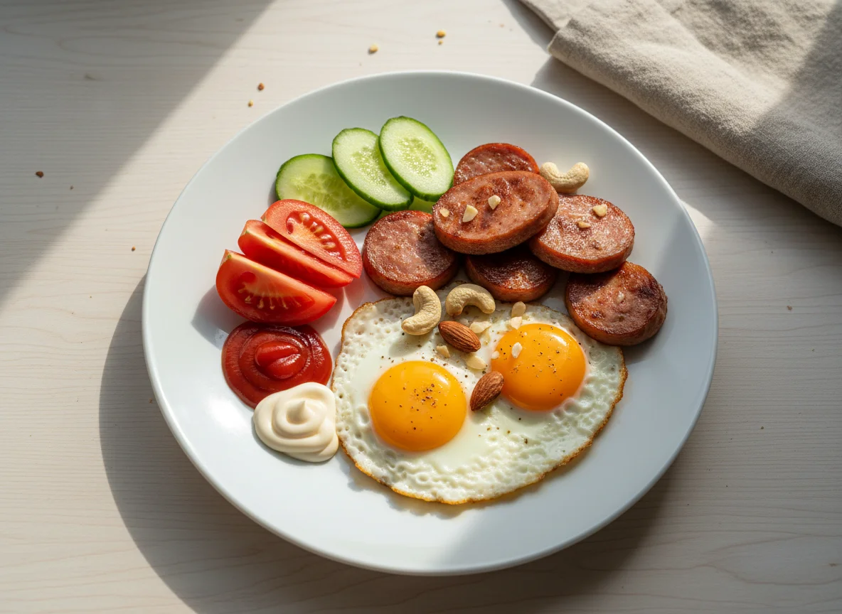 Завтрак с яичницей, колбасой и овощами photo