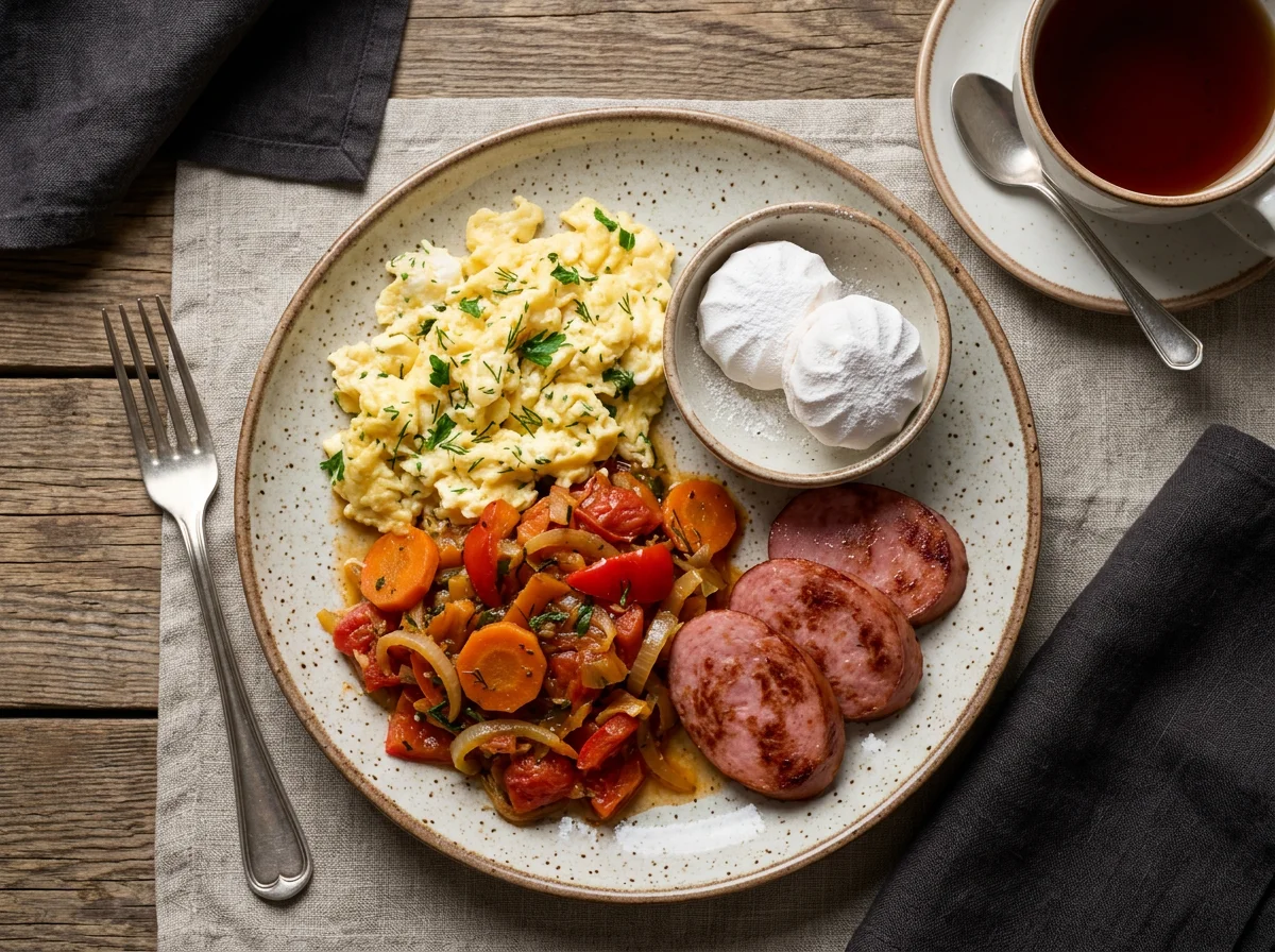 Завтрак с яичницей, колбасой, овощами и зефиром photo