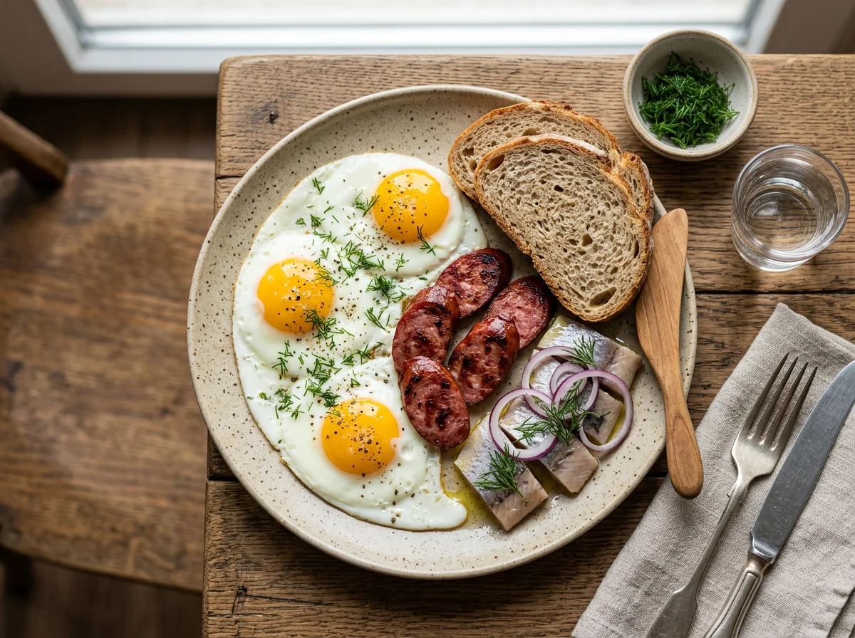 Завтрак с яичницей, колбасой, рыбой и хлебом photo