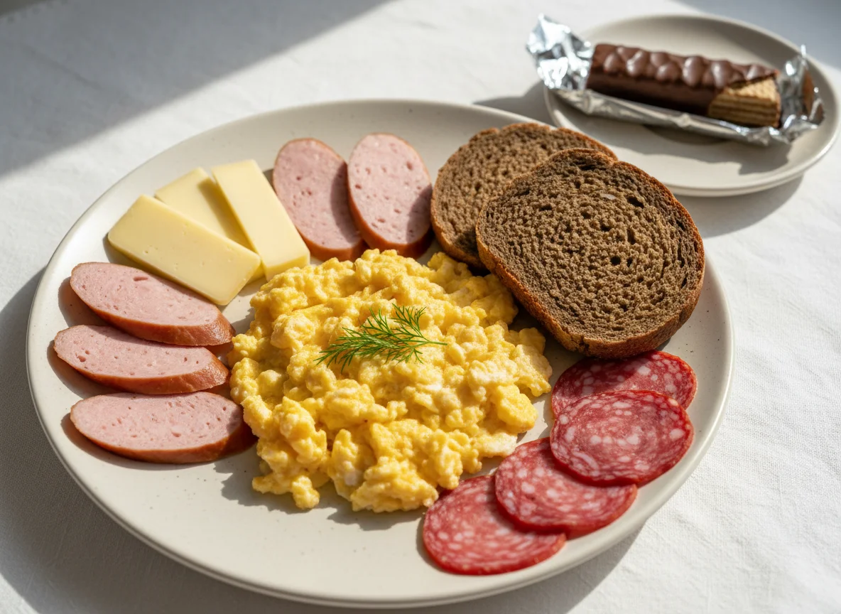 Завтрак с яичницей, колбасой, сыром и хлебом photo