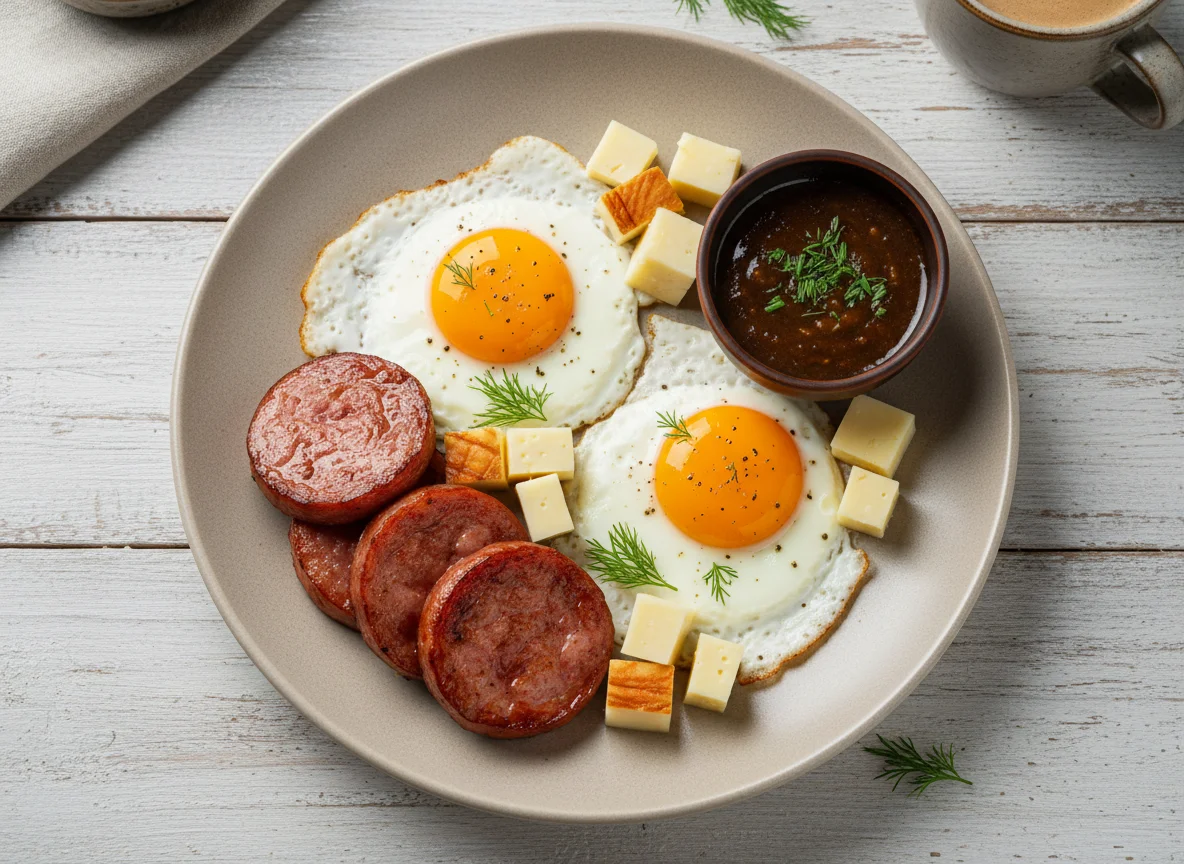 Завтрак с яичницей, колбасой, сыром и соусом photo