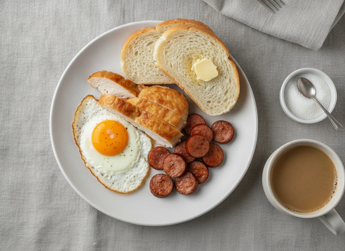 Завтрак с яичницей, копченой курицей, колбасой, хлебом и кофе с молоком photo