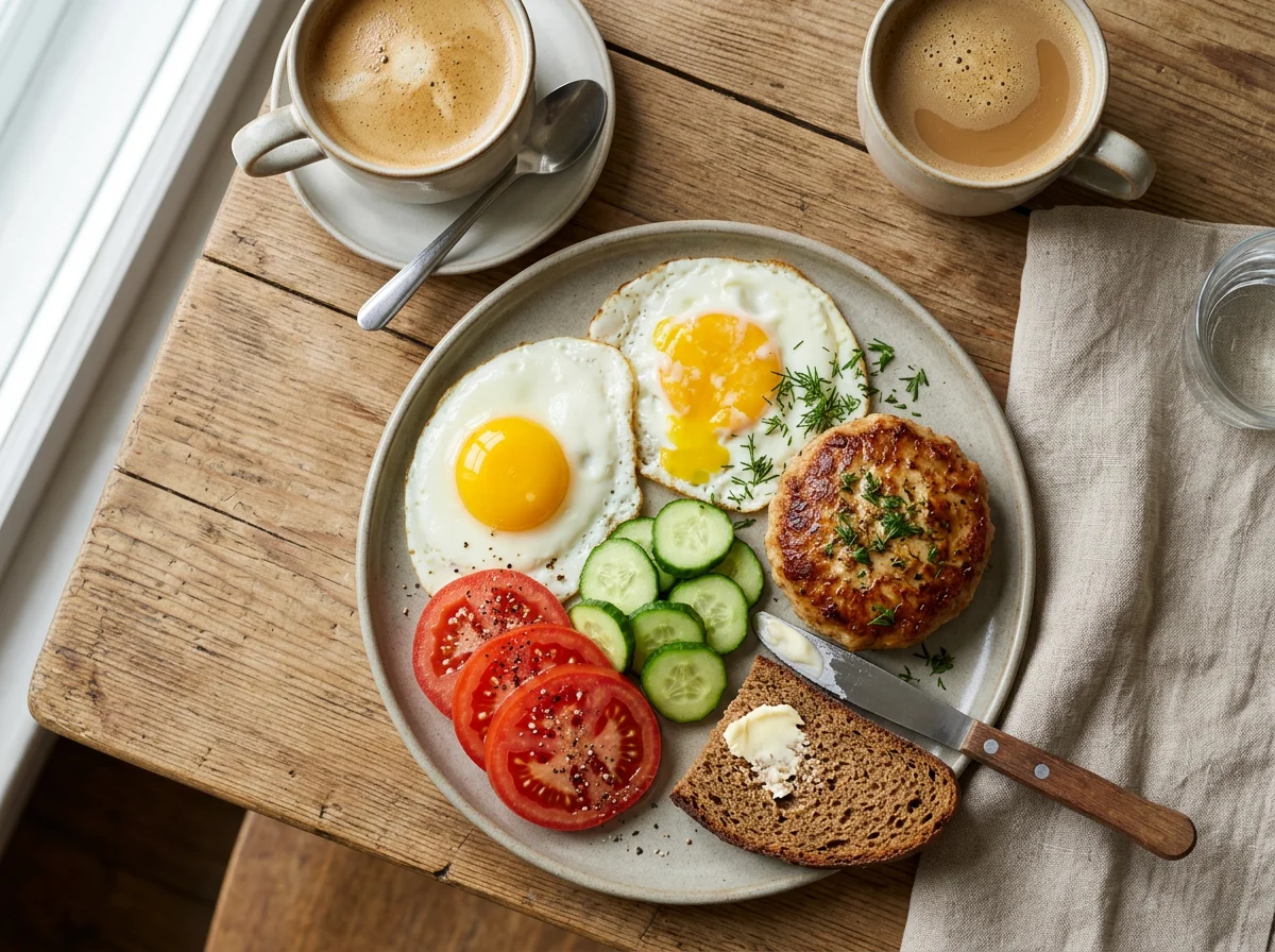 Завтрак с яичницей, котлетой и овощами photo