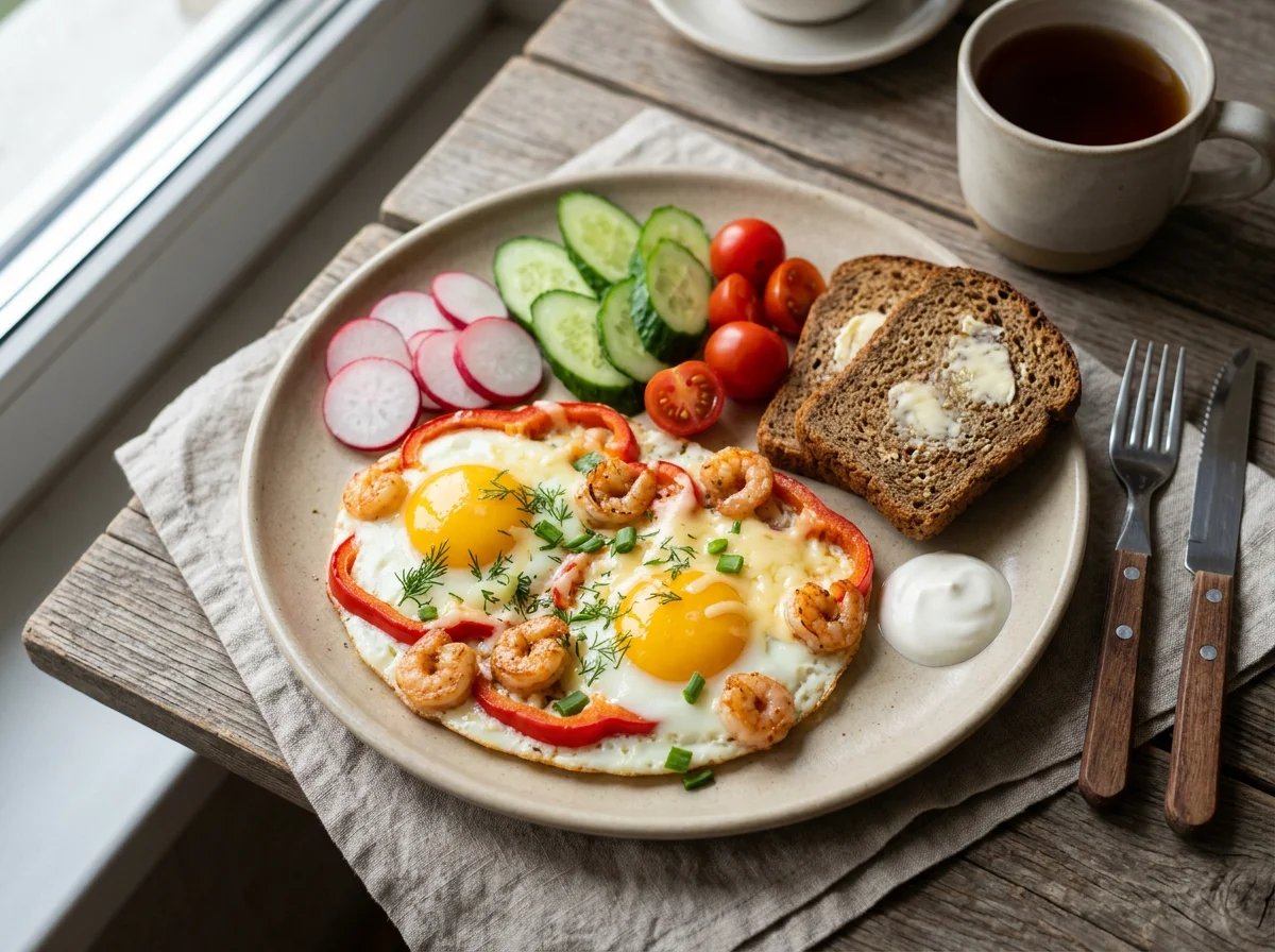 Завтрак с яичницей, креветками и овощами photo