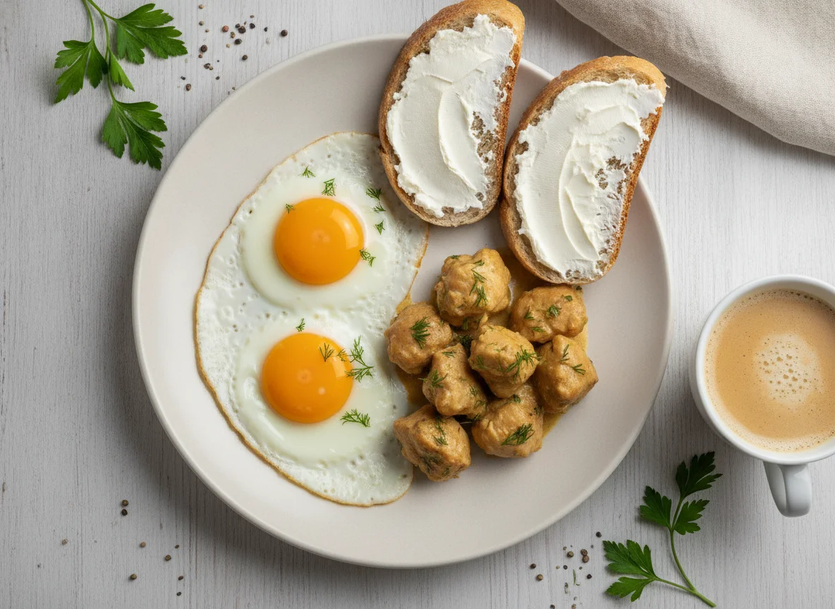 Завтрак с яичницей, курицей и кофе photo