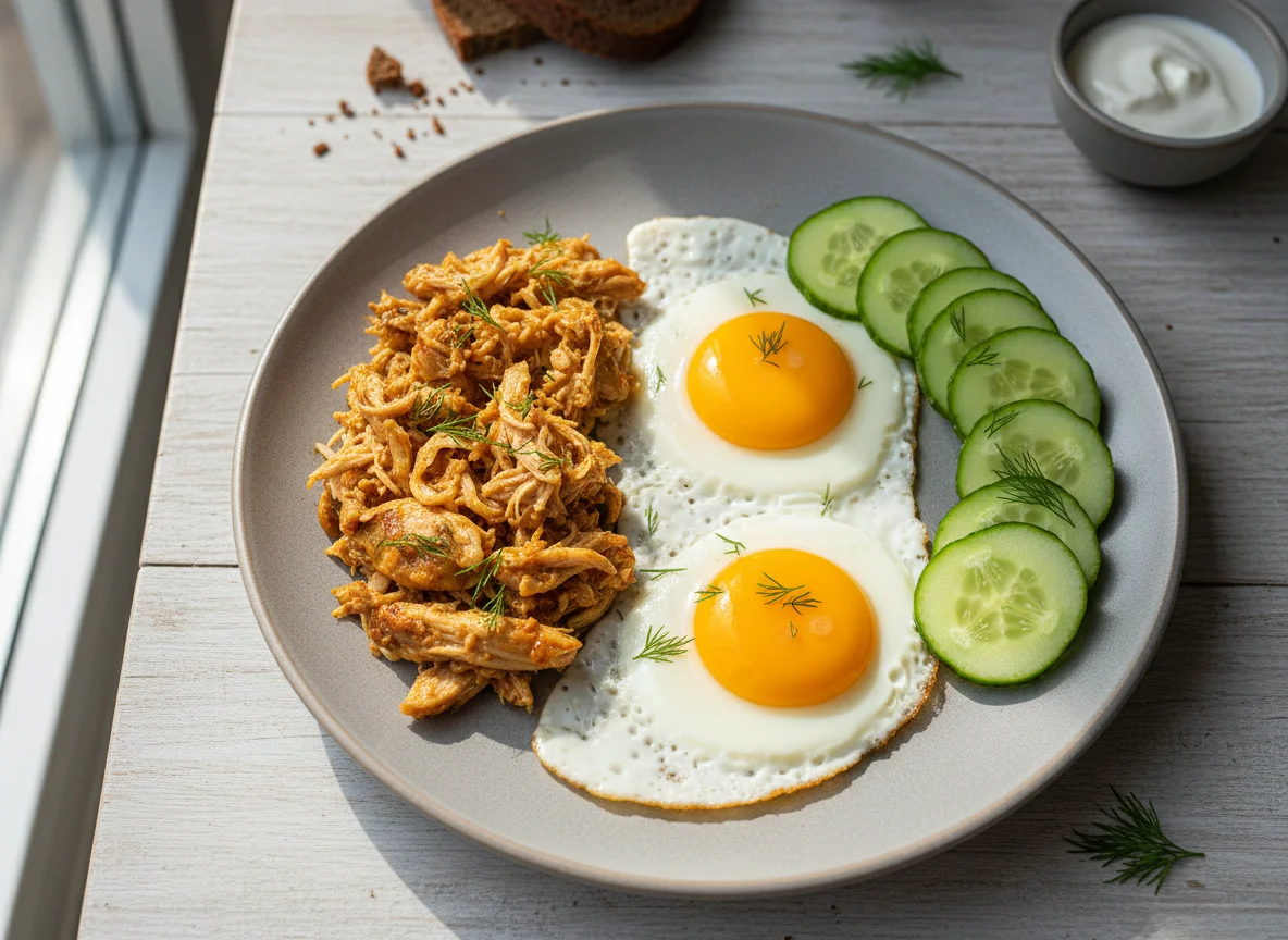 Завтрак с яичницей, курицей и огурцами photo