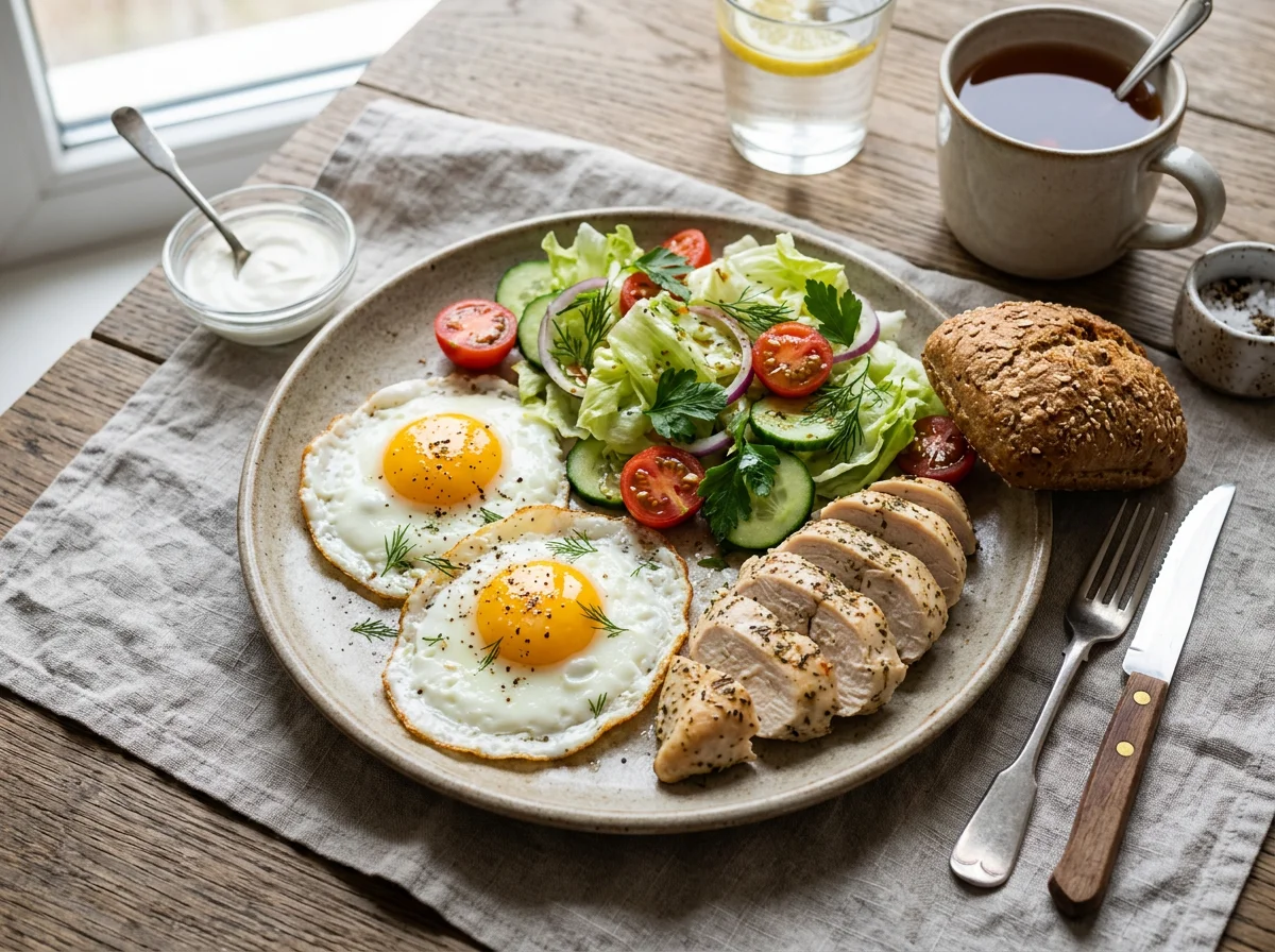 Завтрак с яичницей, курицей и салатом photo