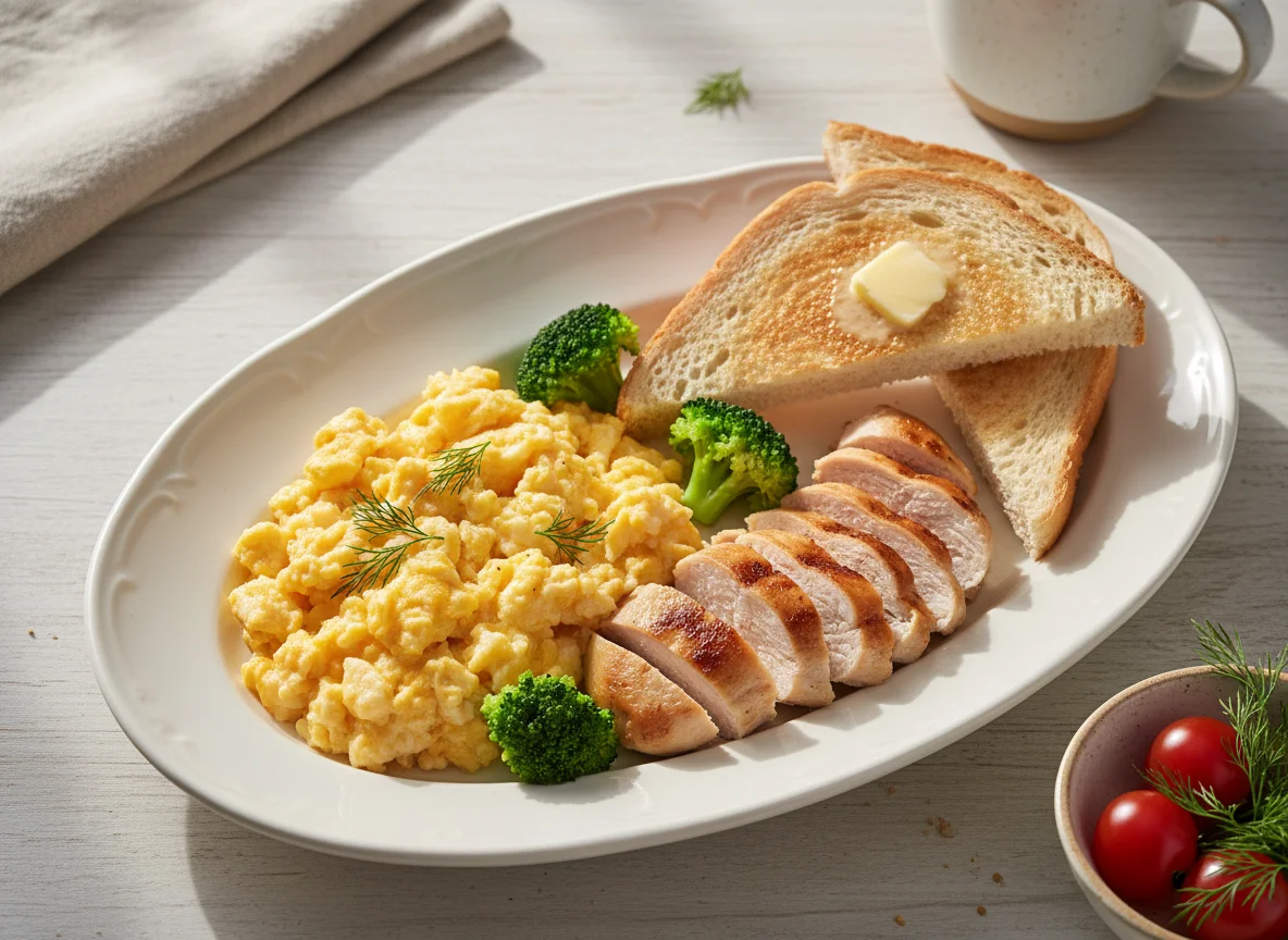 Завтрак с яичницей, курицей и тостом photo