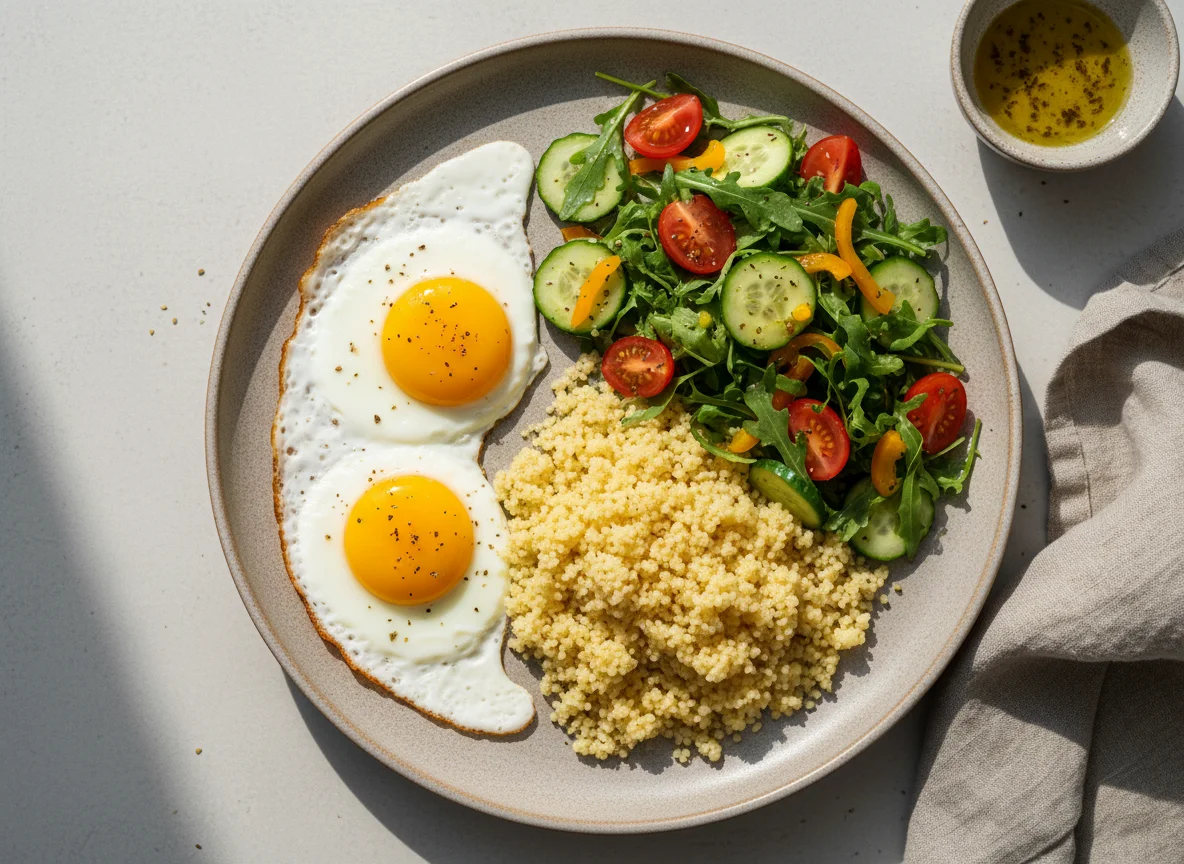 Завтрак с яичницей, кускусом и овощным салатом photo