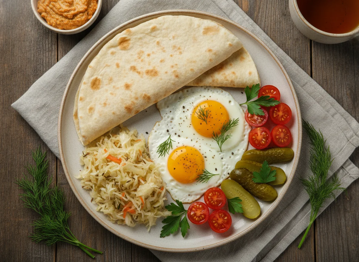 Завтрак с яичницей, лавашом и овощами photo