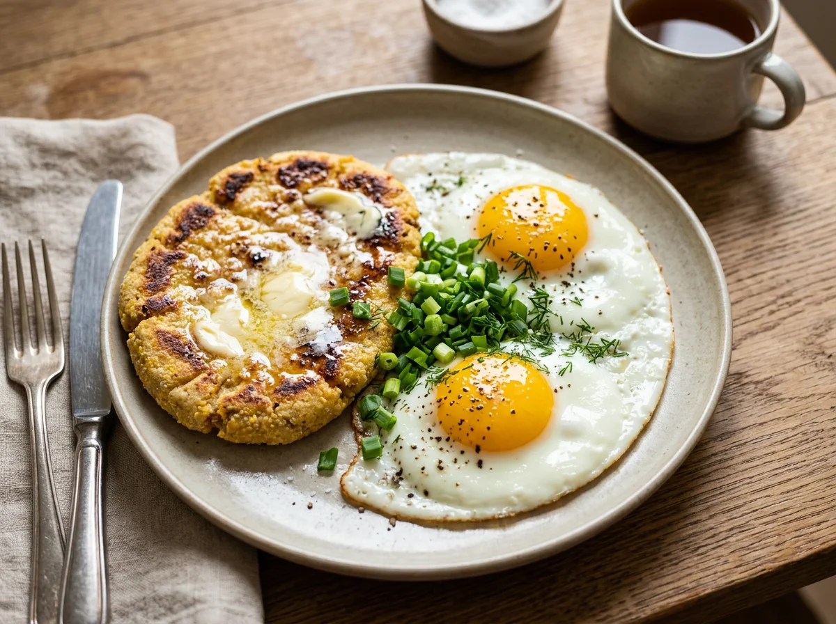 Завтрак с яичницей, лепешкой и зеленым луком photo