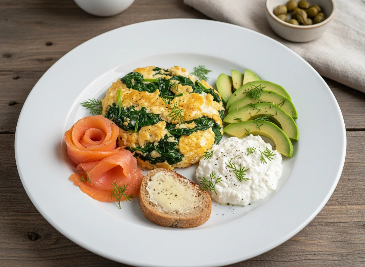 Завтрак с яичницей, лососем и авокадо photo