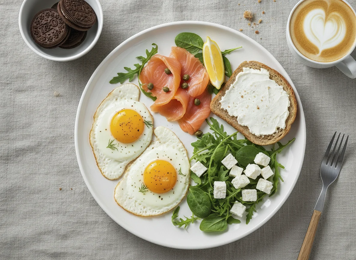 Завтрак с яичницей, лососем и кофе photo