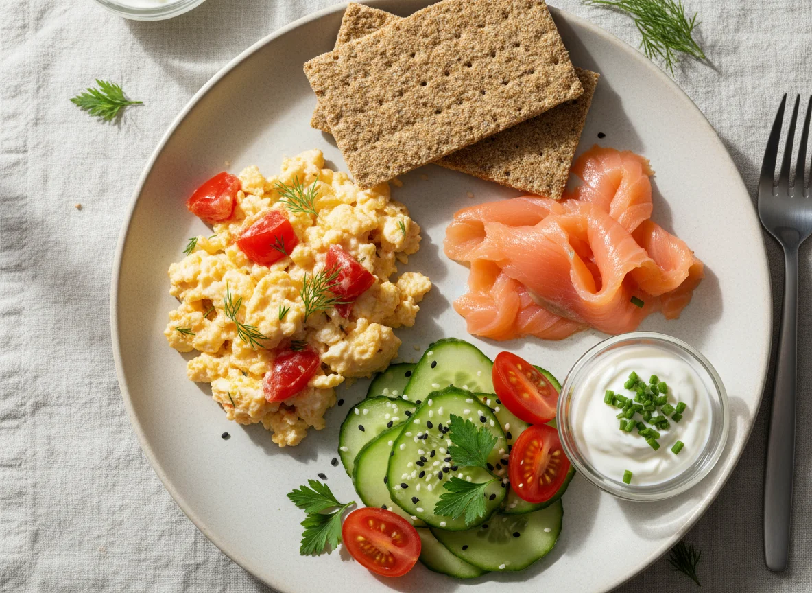 Завтрак с яичницей, лососем и овощами photo
