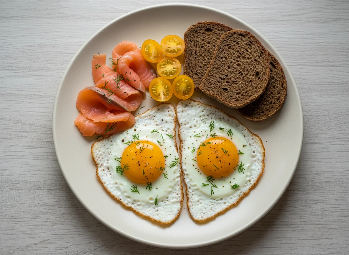Завтрак с яичницей, лососем и помидорами photo
