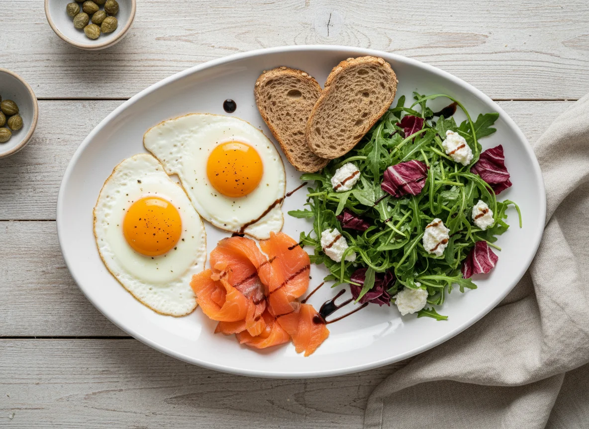 Завтрак с яичницей, лососем и салатом photo