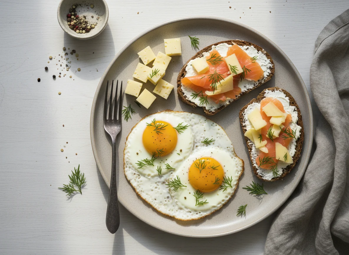 Завтрак с яичницей, лососем и сыром photo