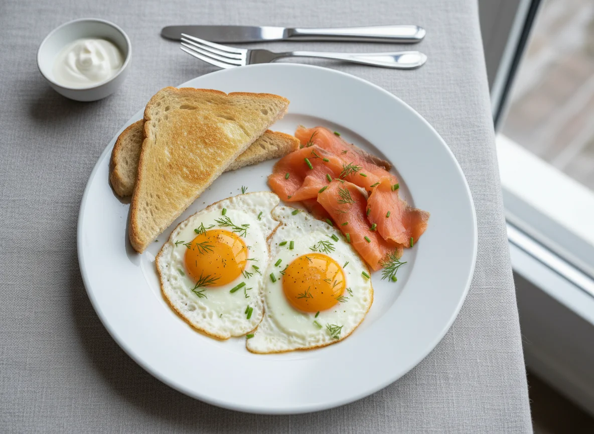 Завтрак с яичницей, лососем и тостом photo