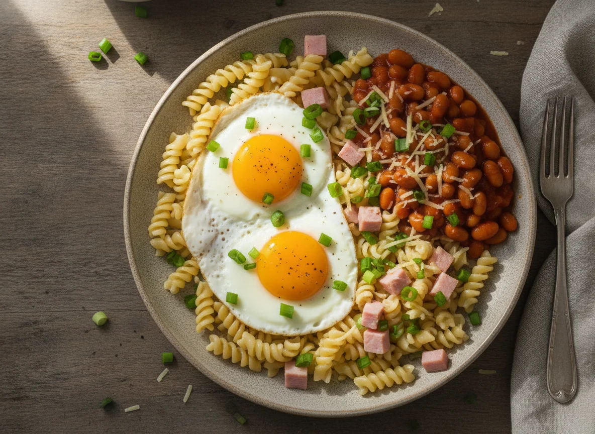 Завтрак с яичницей, макаронами и фасолью photo