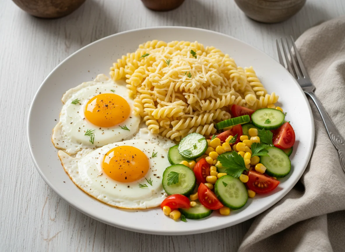 Завтрак с яичницей, макаронами, сыром и овощным салатом photo