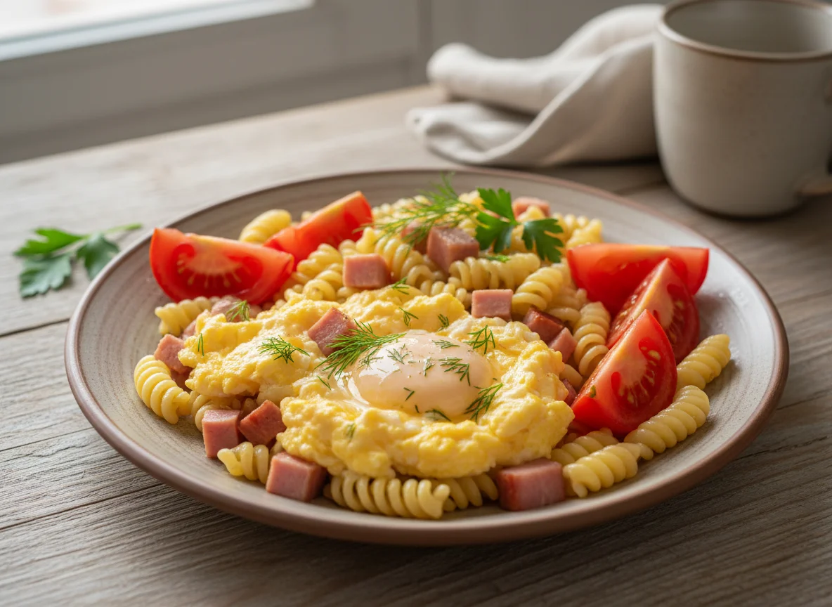 Завтрак с яичницей, макаронами, ветчиной и помидорами photo