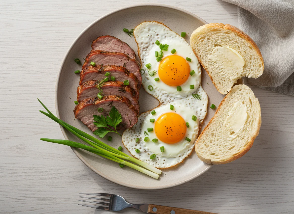 Завтрак с яичницей, мясом и хлебом photo