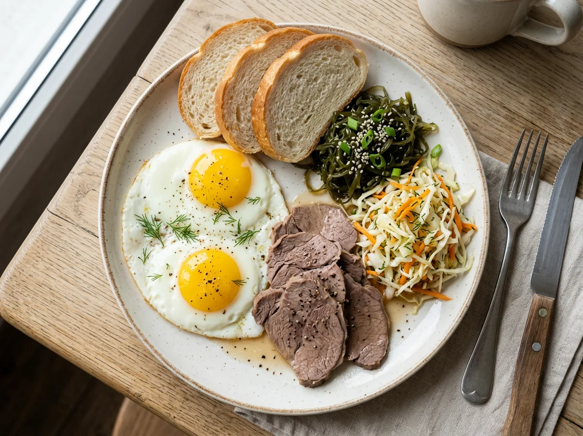 Завтрак с яичницей, мясом и салатом photo