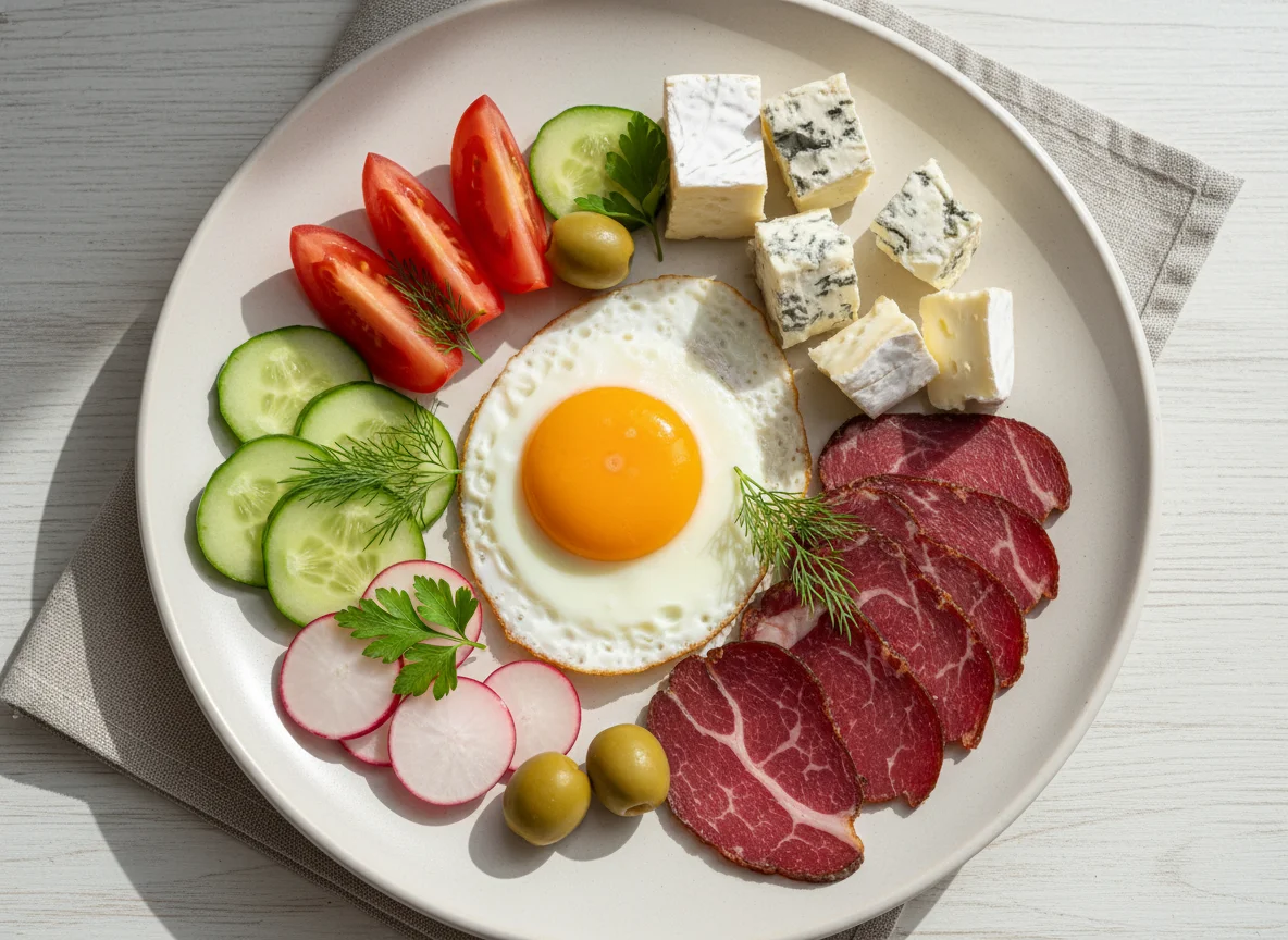 Завтрак с яичницей, мясом и сыром photo