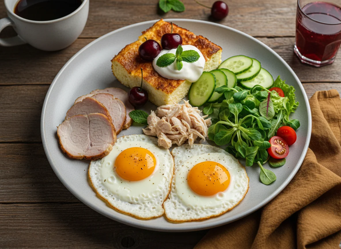 Завтрак с яичницей, мясом, овощами и творожной запеканкой photo