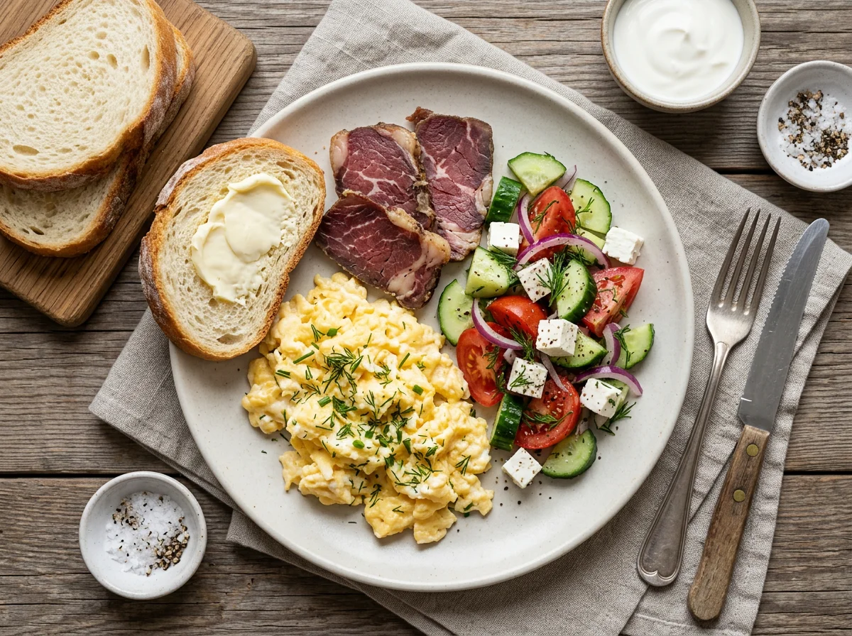 Завтрак с яичницей, мясом, салатом и хлебом photo