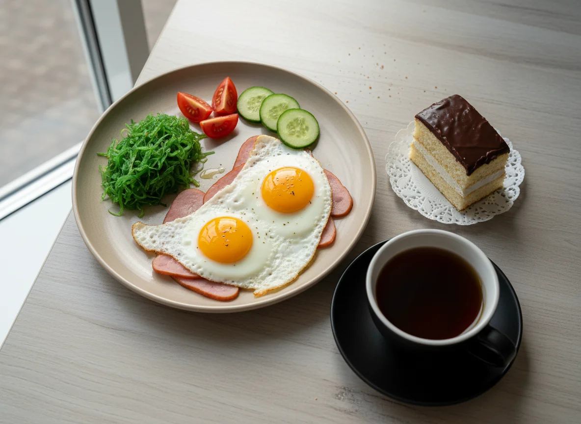 Завтрак с яичницей, морской капустой и пирожным photo