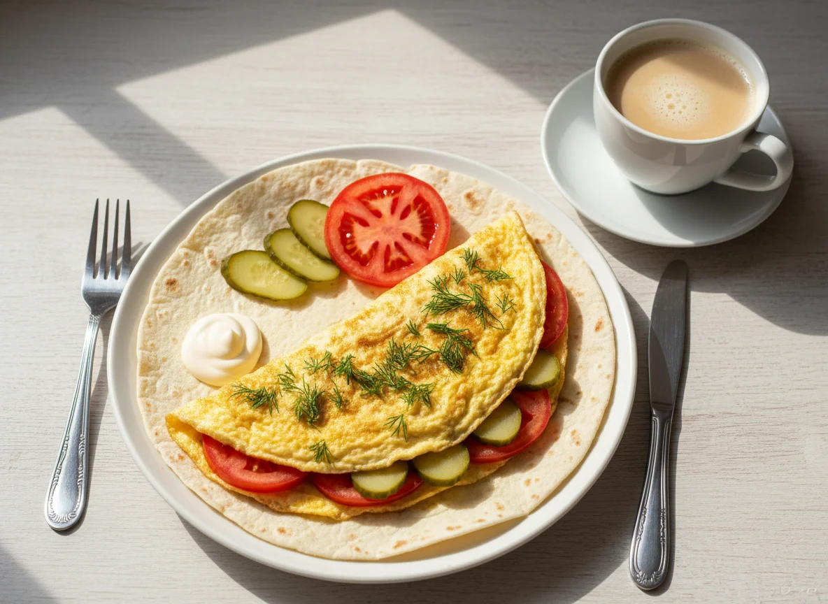 Завтрак с яичницей на тортилье и кофе photo