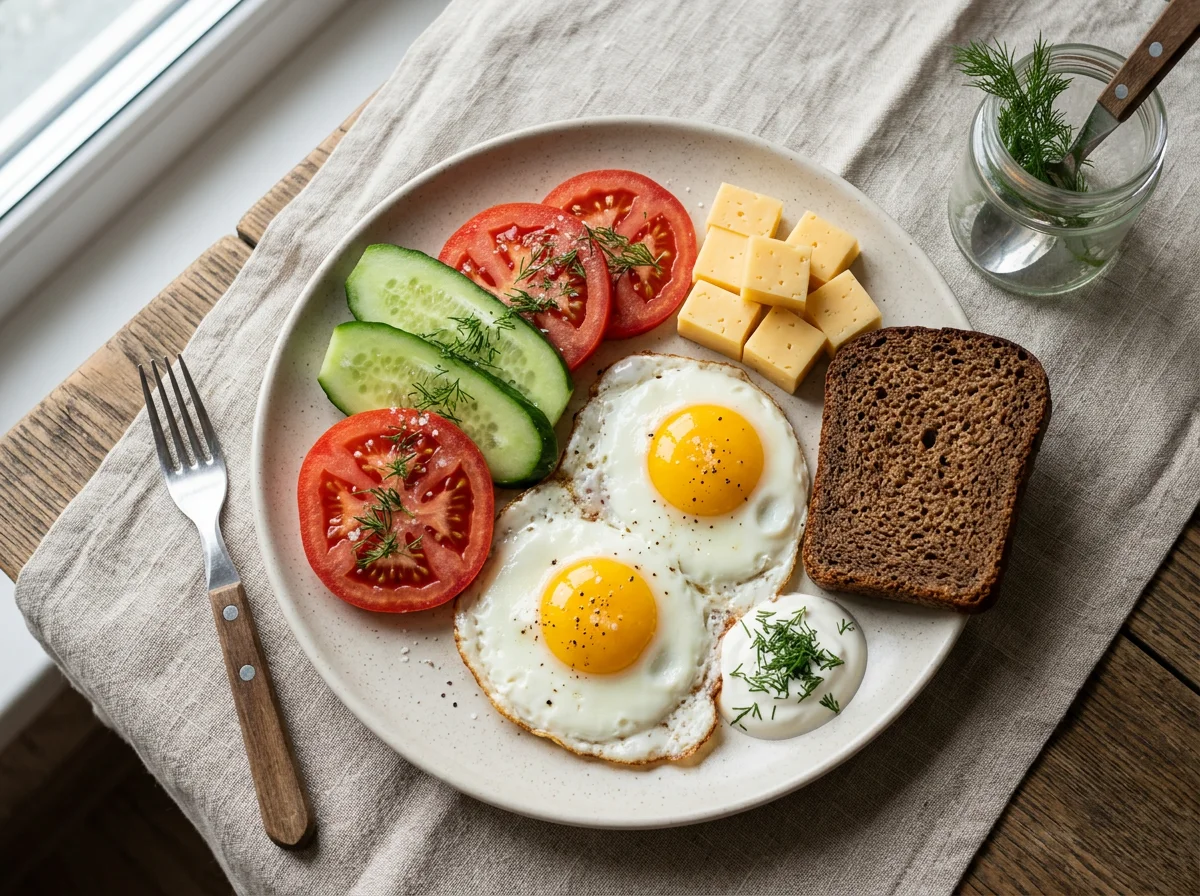Завтрак с яичницей, огурцами и сыром photo