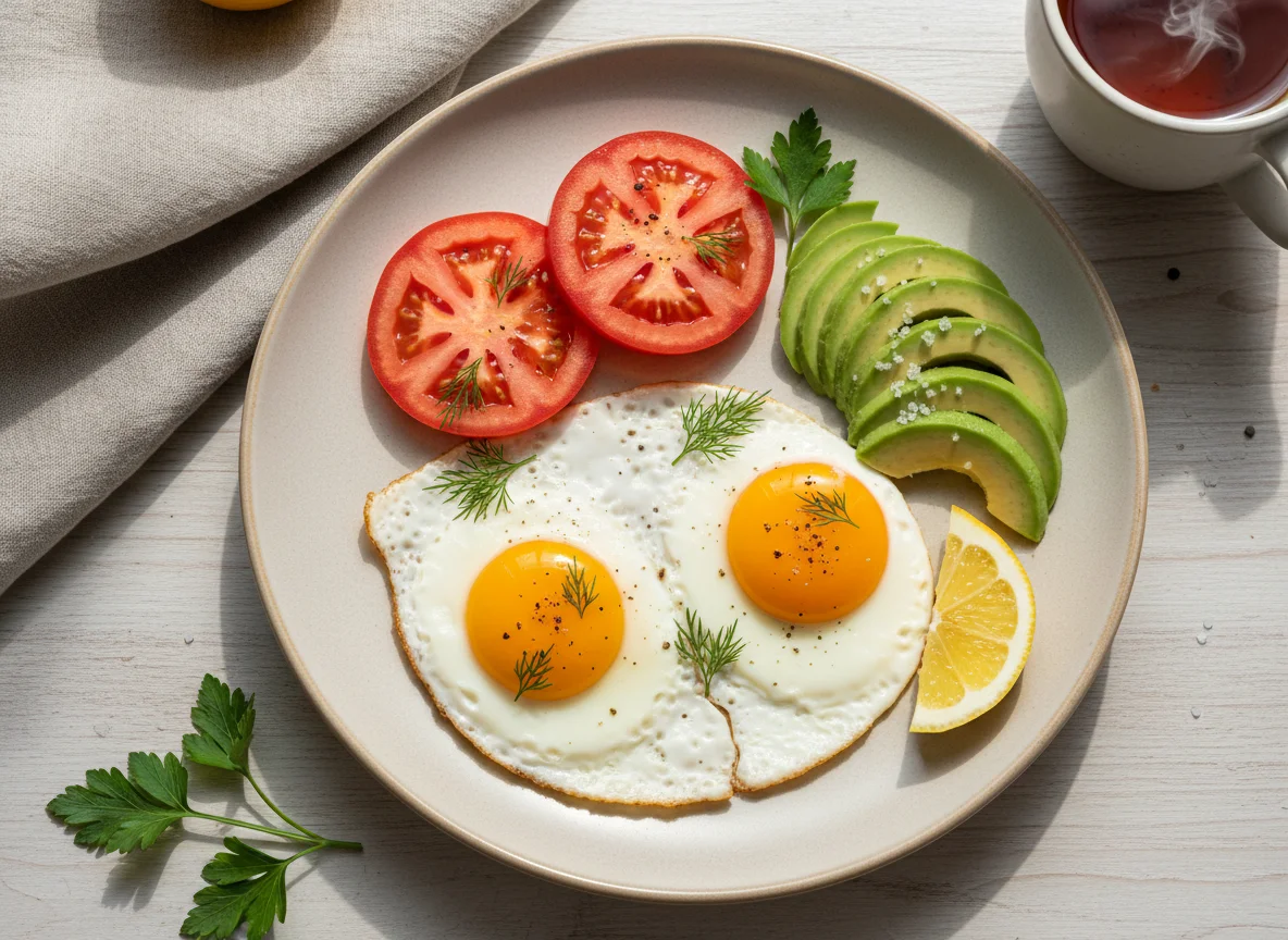 Завтрак с яичницей, овощами и авокадо photo