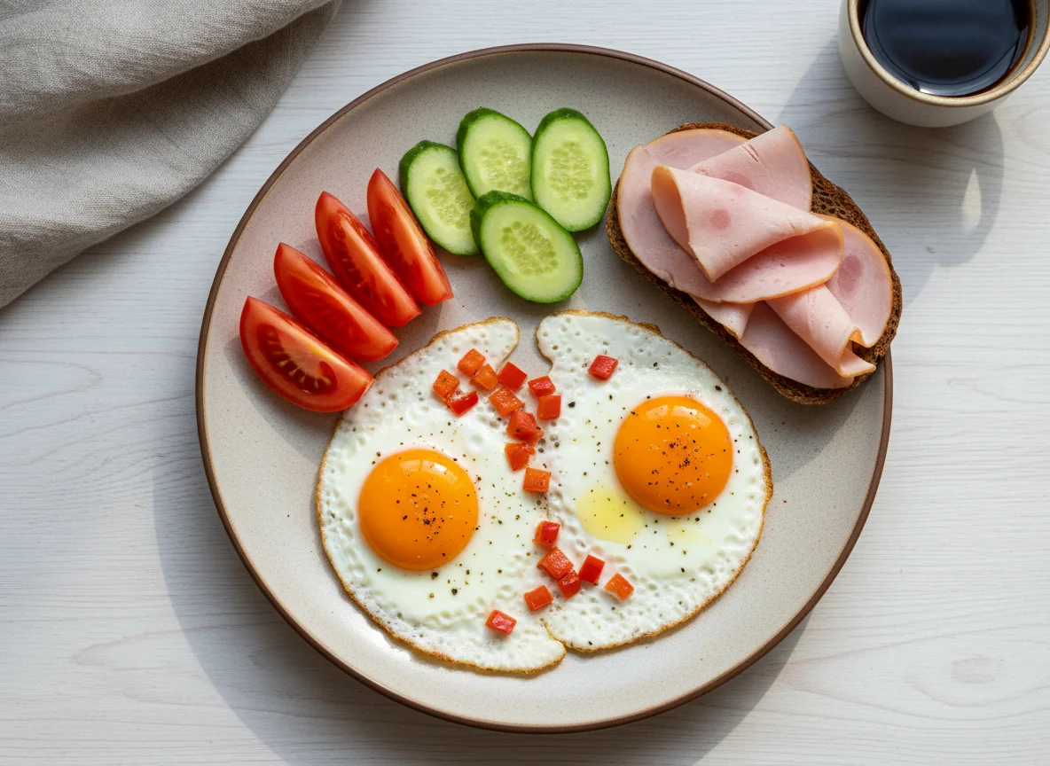 Завтрак с яичницей, овощами и бутербродами photo
