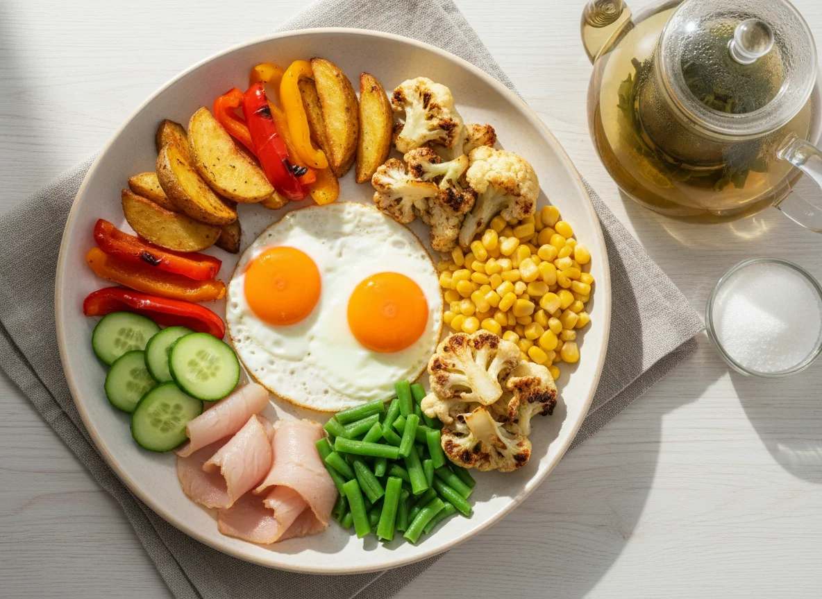 Завтрак с яичницей, овощами и чаем photo