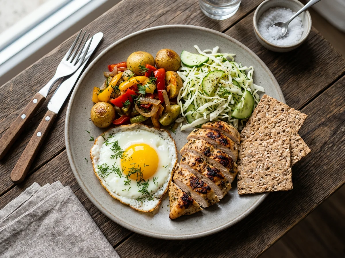 Завтрак с яичницей, овощами и хлебцами photo