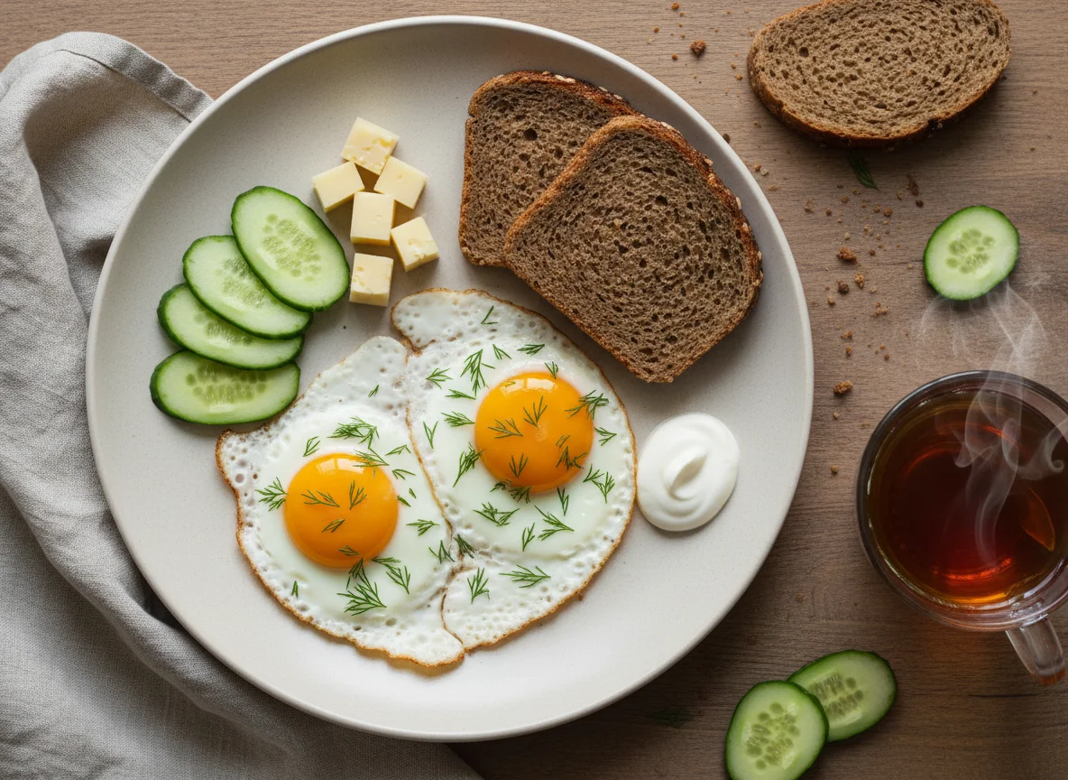 Завтрак с яичницей, овощами и хлебом photo