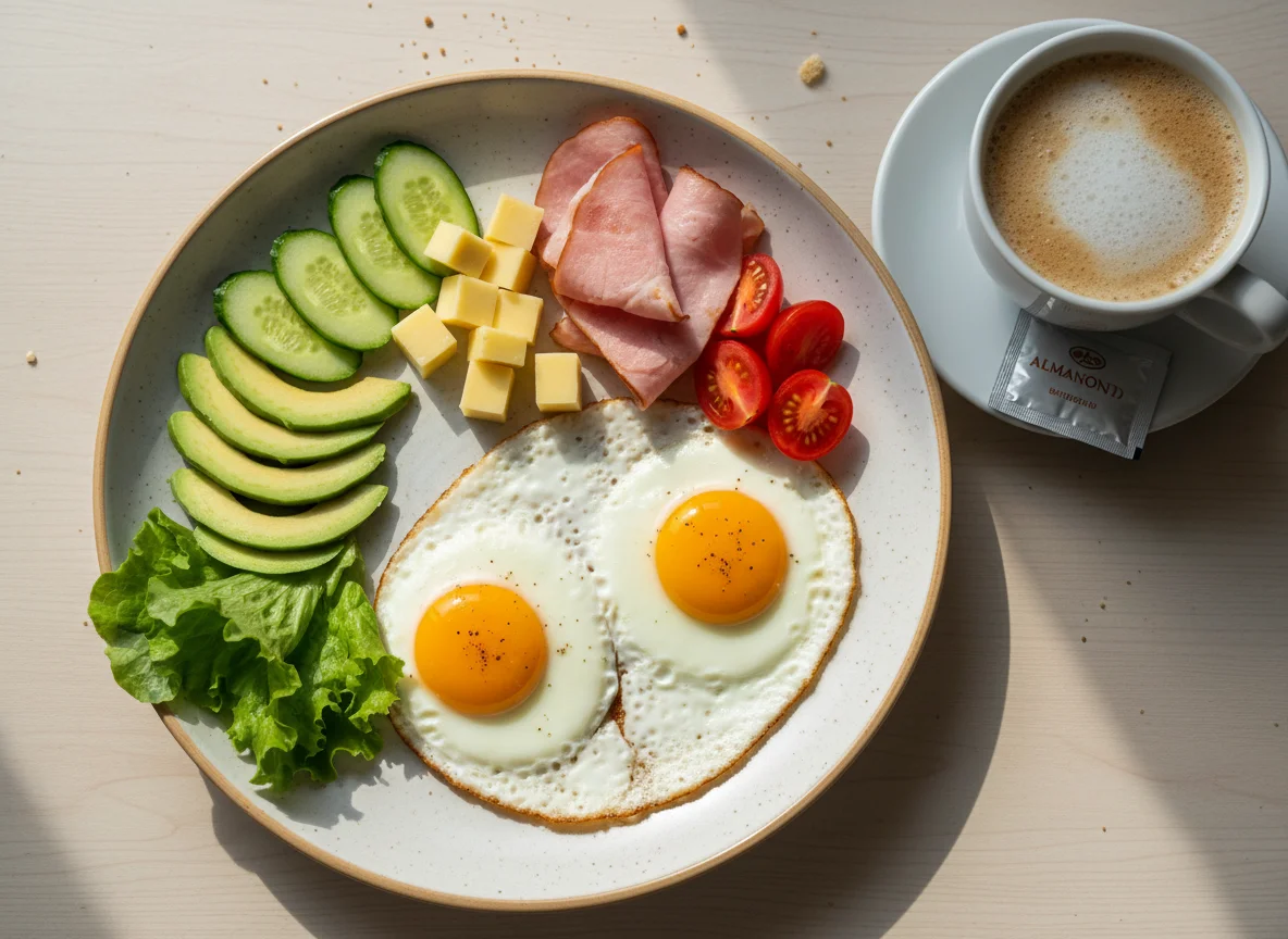 Завтрак с яичницей, овощами и кофе photo