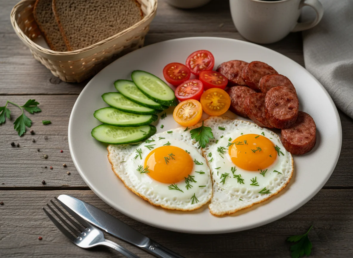 Завтрак с яичницей, овощами и колбасой photo