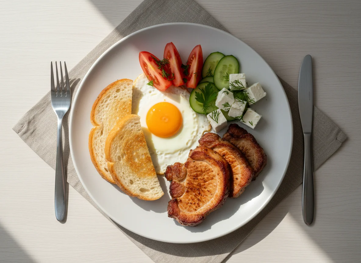 Завтрак с яичницей, овощами и мясом photo